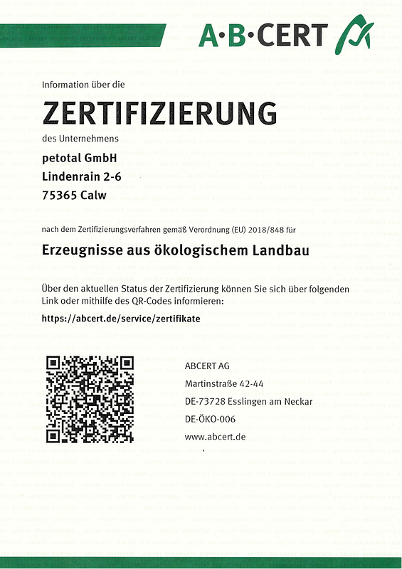 Das ausgestellte Zertifikat für petotal