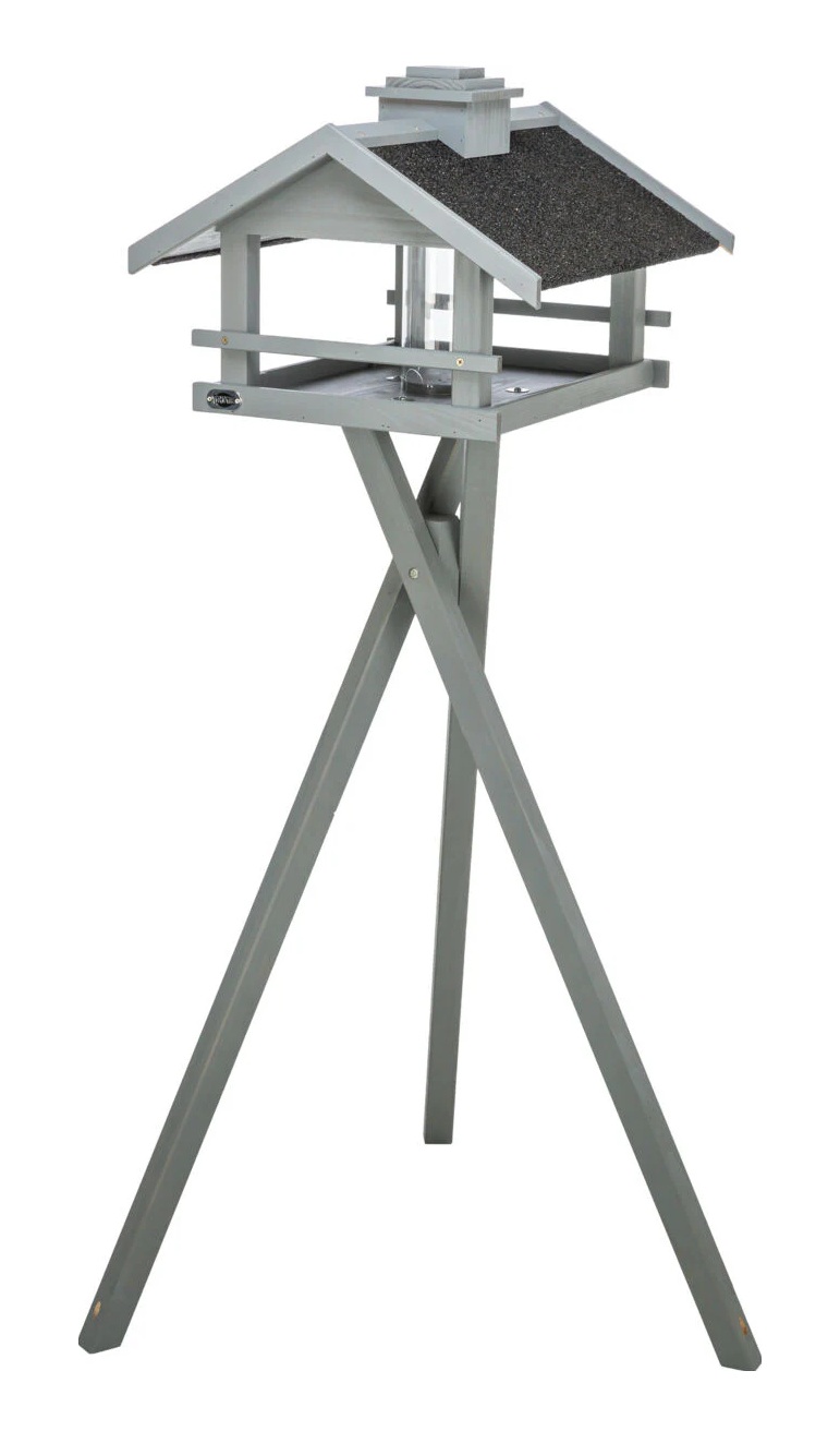 TRIXIE Futterhaus mit Ständer & Silo, Kiefernholz, 49 × 34 × 45 cm/1,34 m, grau