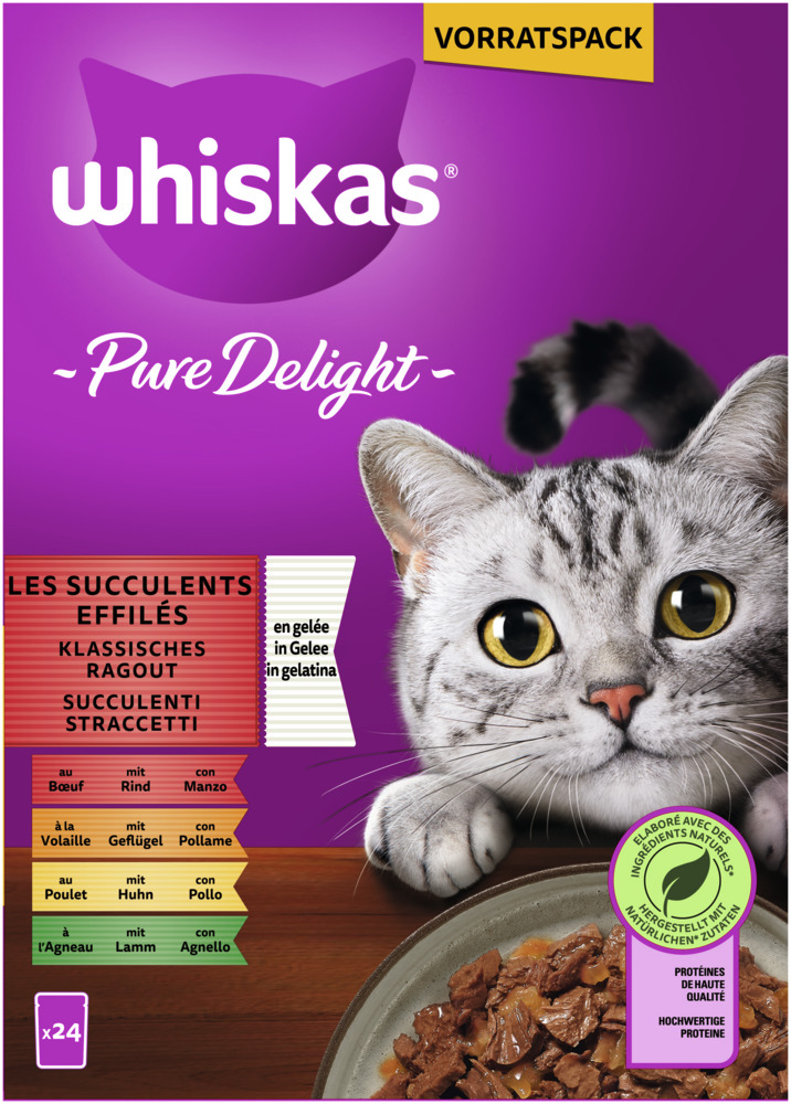 WHISKAS Pure Delight Klassiches Ragout in Gelee 24 x 85 Gramm Multipack Katzennassfutter