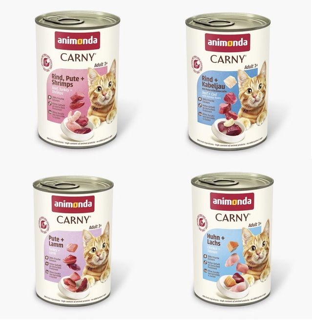 animonda Carny Adult 24 x 400g Mixpaket (Pute&Shrimps,Rind&Kabeljau,Pute&Lamm,Huhn&Lachs) Katzennassfutter