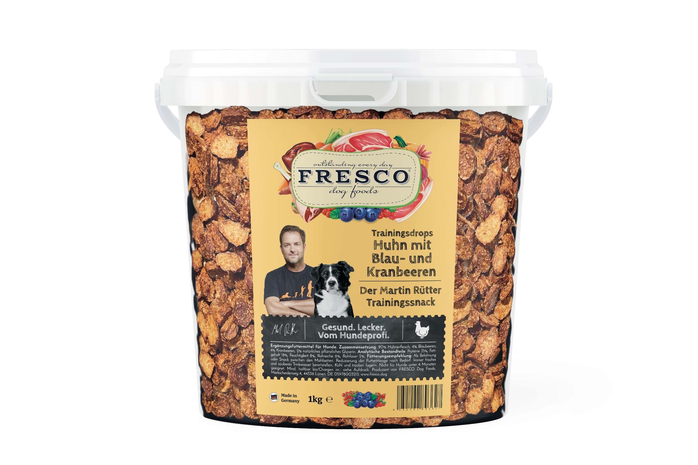 FRESCO Martin Rütter Trainingsdrops Huhn mit Süßkartoffeln, Karotte und Kürbis (1kg-Eimer) 1000g