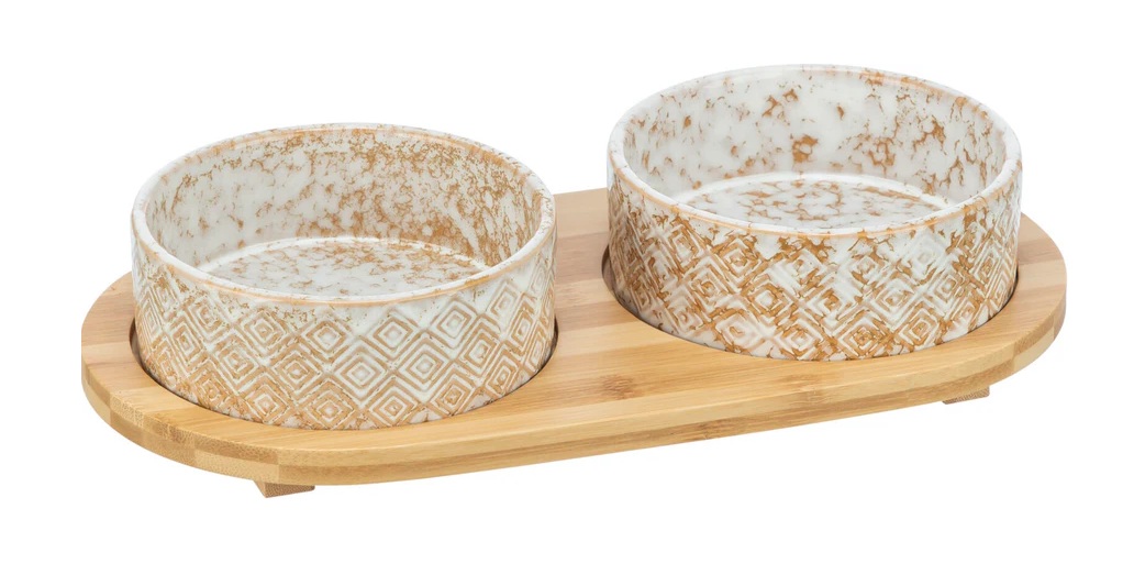 TRIXIE Napf-Set, Keramik/Bambus, 2 × 0,8 l/ø 16 cm/39 × 8 × 20 cm, weiß/hellbraun