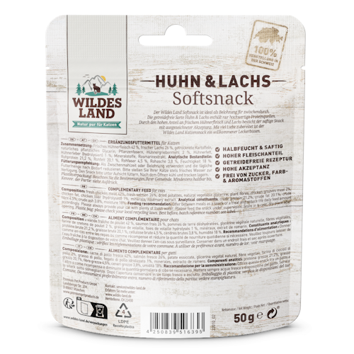 WILDES LAND Katze 50g Softsnack Huhn und Lachs