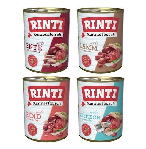 RINTI Kennerfleisch 24 x 400g Mixpaket (Lamm,Rind,Seefisch,Ente)  Hundenassfutter