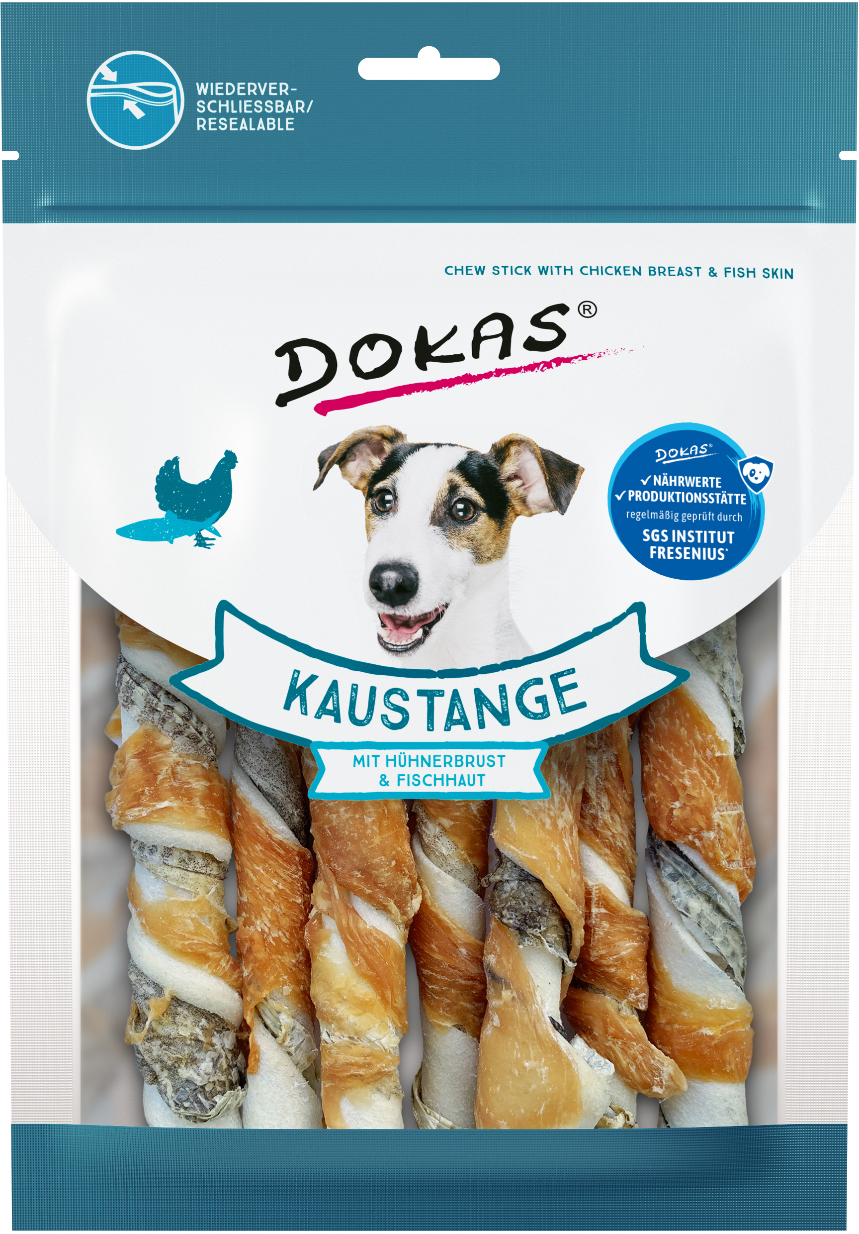 DOKAS Kaustange mit Hühnerbrust und Fisch Hundekauartikel