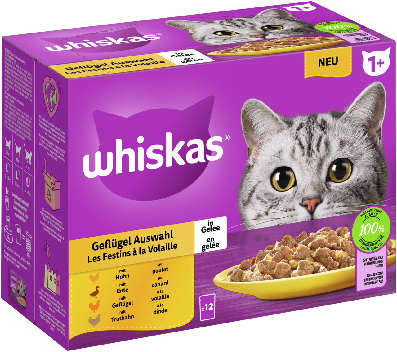 Whiskas 1+ Geflügel Auswahl in Gelee 12 x 85 Gramm Multipack Katzennassfutter